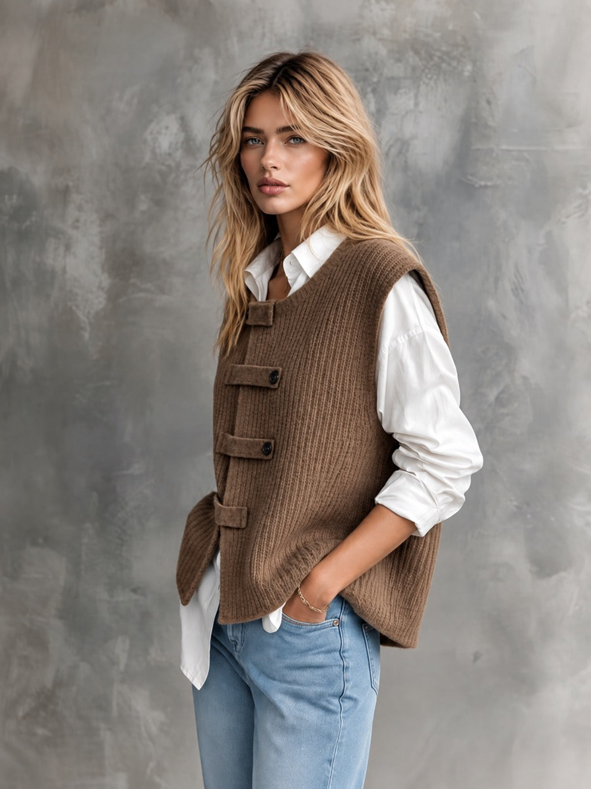 ElevenOra Chic Casual Brown Round-Neck Sleeveless Single-Breasted Loose-Fit Wool Blend Ribbed Knit Vest