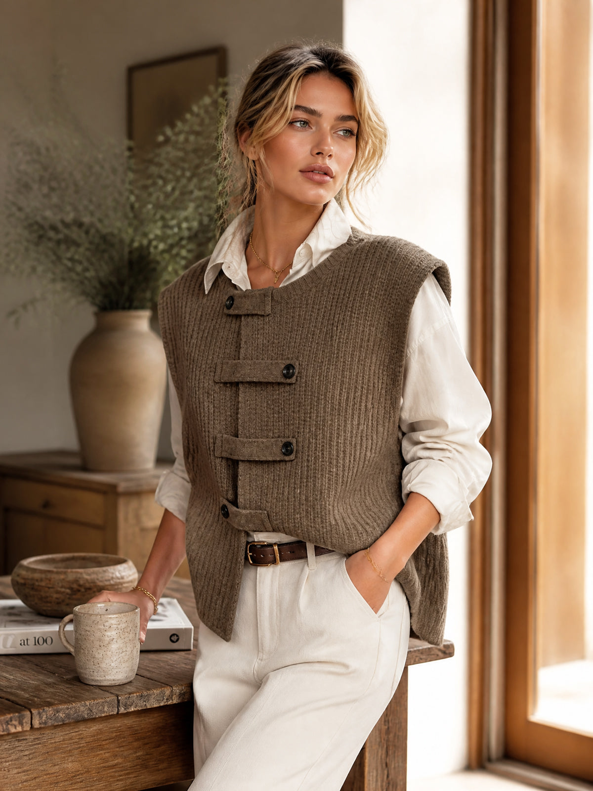 ElevenOra Chic Casual Brown Round-Neck Sleeveless Single-Breasted Loose-Fit Wool Blend Ribbed Knit Vest