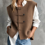 ElevenOra Chic Casual Brown Round-Neck Sleeveless Single-Breasted Loose-Fit Wool Blend Ribbed Knit Vest