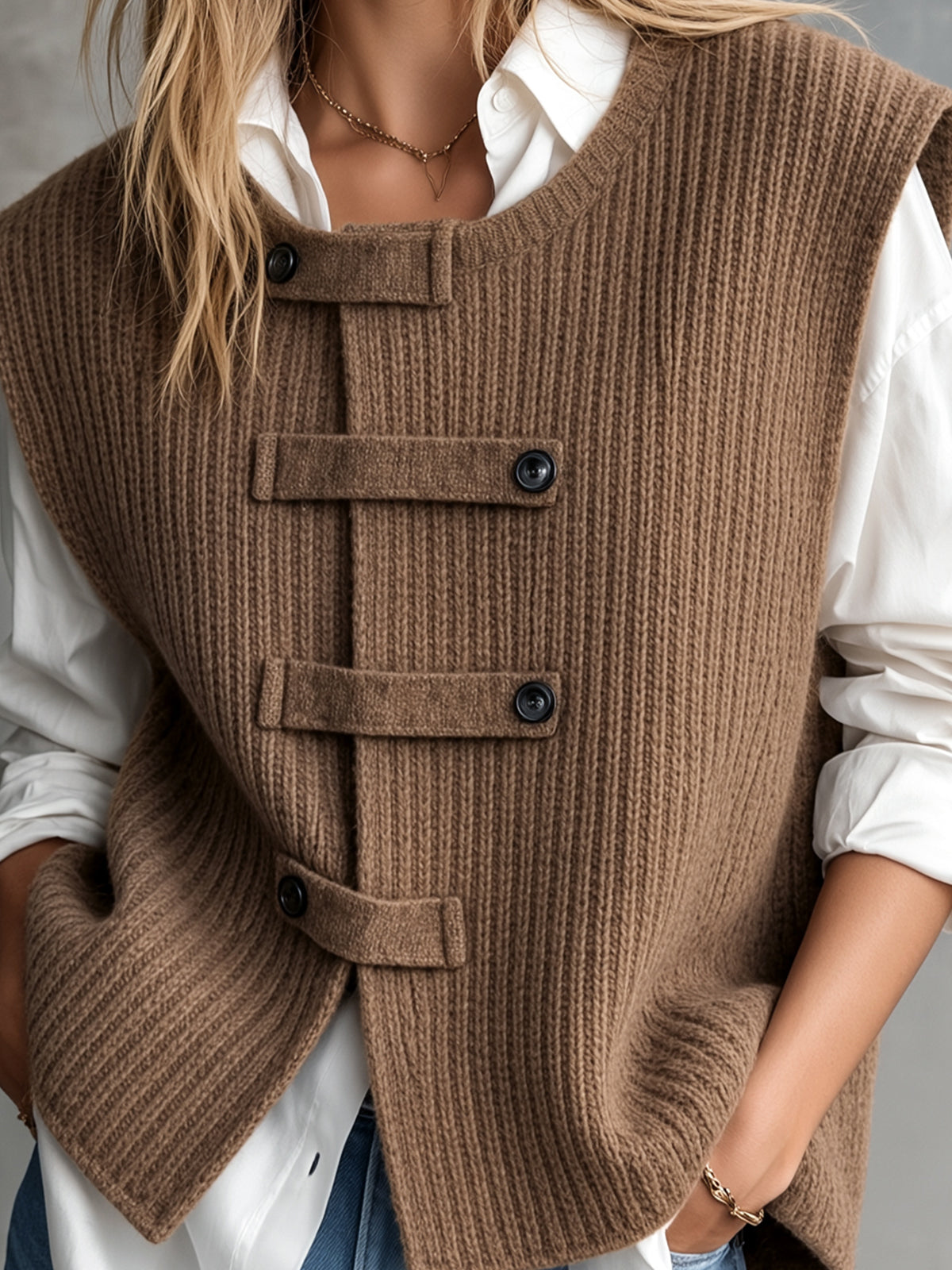 ElevenOra Chic Casual Brown Round-Neck Sleeveless Single-Breasted Loose-Fit Wool Blend Ribbed Knit Vest
