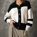 ElevenOra Chic Casual Black-White Colorblock Lapel Collar Dropped Shoulder Long-Sleeve Single-Breasted Loose-Fit Knit Cardigan