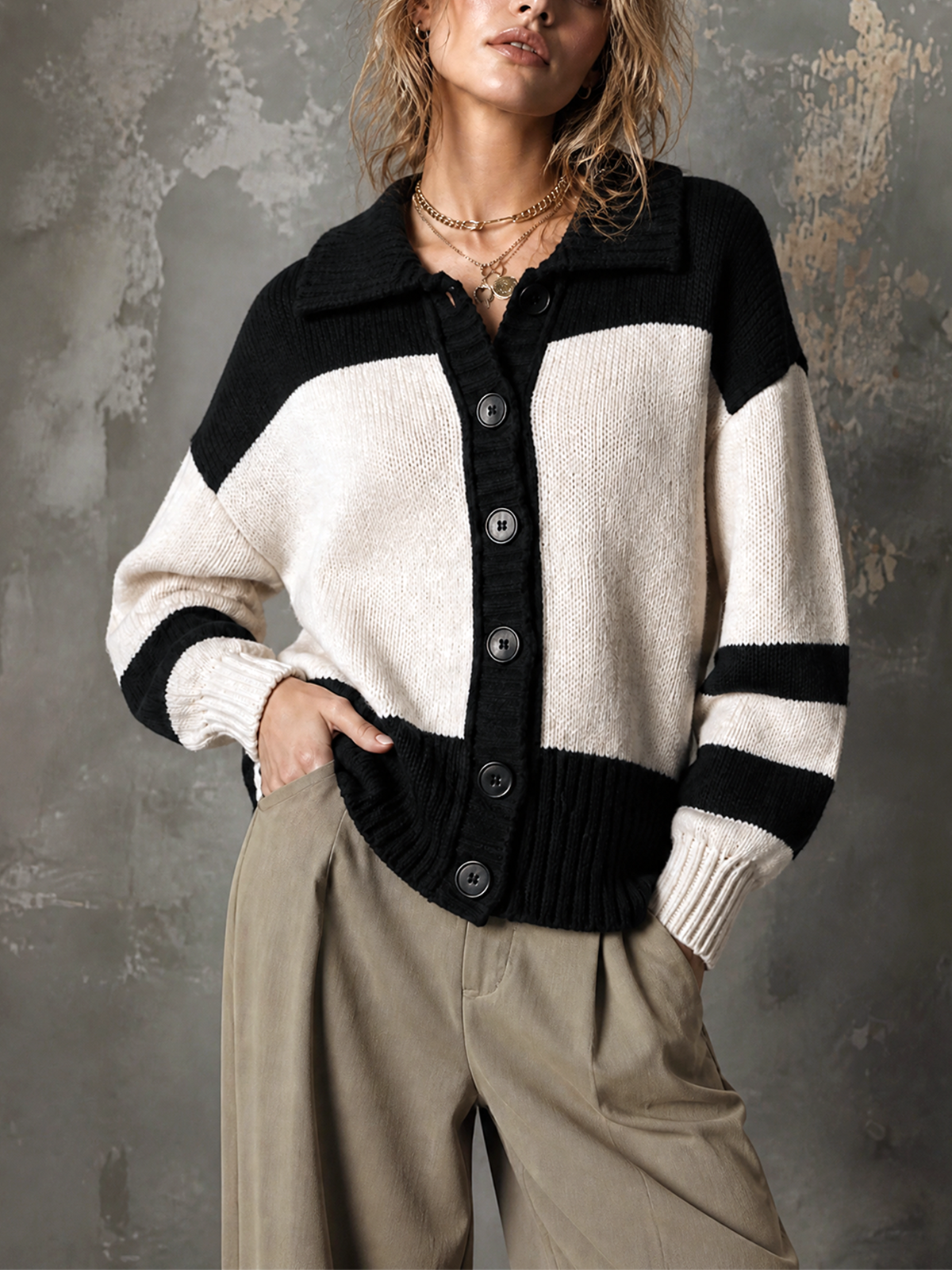 ElevenOra Chic Casual Black-White Colorblock Lapel Collar Dropped Shoulder Long-Sleeve Single-Breasted Loose-Fit Knit Cardigan
