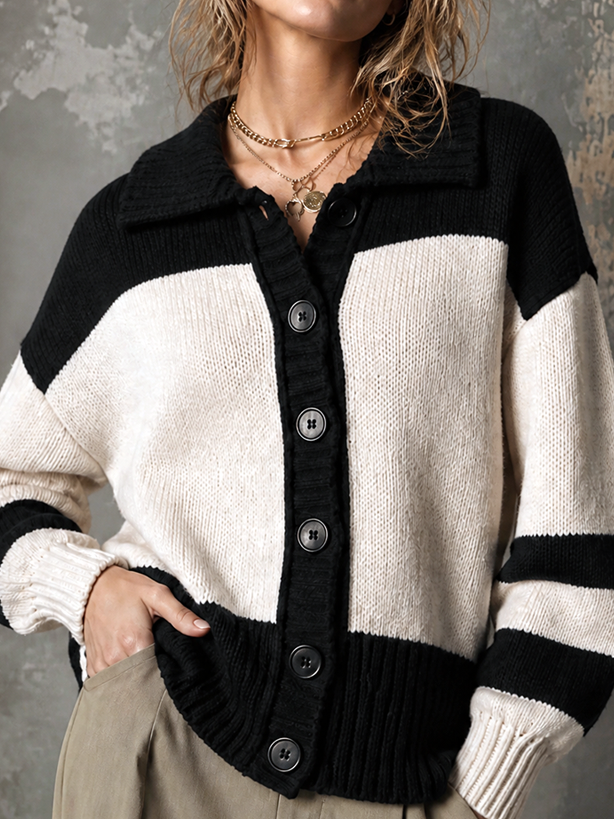 ElevenOra Chic Casual Black-White Colorblock Lapel Collar Dropped Shoulder Long-Sleeve Single-Breasted Loose-Fit Knit Cardigan