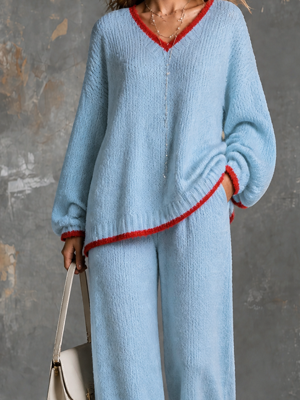ElevenOra Chic Elegant Light Blue V-Neck Long Sleeve Red Contrast Trim Loose-Fit Sweater Elastic-Waist Wide-Leg Pants Knit Two-Piece Set