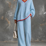 ElevenOra Chic Elegant Light Blue V-Neck Long Sleeve Red Contrast Trim Loose-Fit Sweater Elastic-Waist Wide-Leg Pants Knit Two-Piece Set