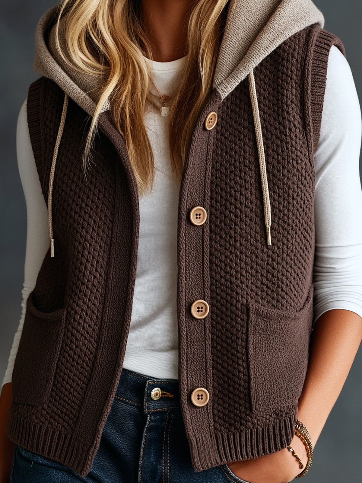 ElevenOra Chic Casual Coffee-Gray Colorblock Hooded Collar Sleeveless Single-Breasted Patch Pockets Loose-Fit Wool Blend Knit Vest