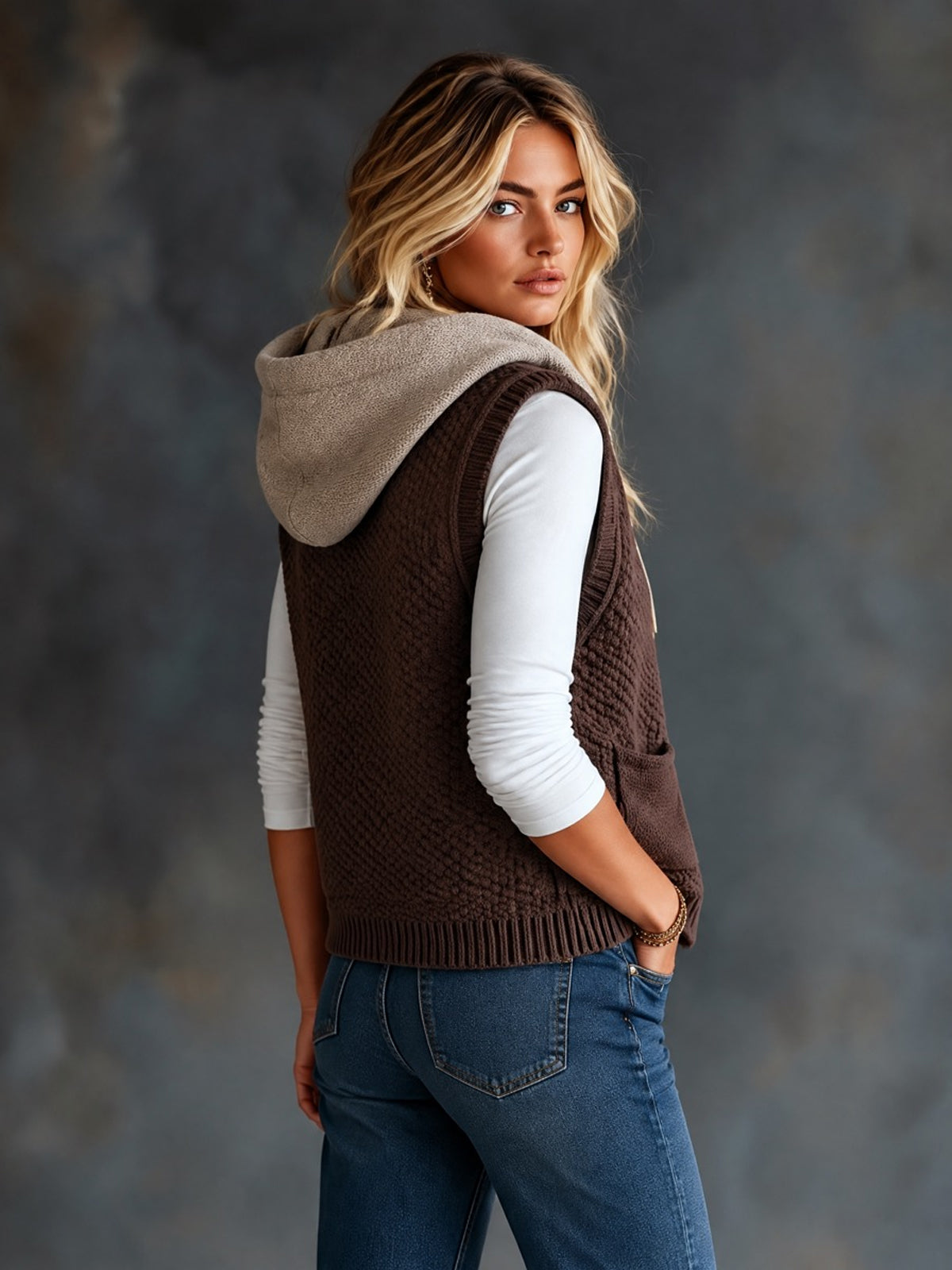 ElevenOra Chic Casual Coffee-Gray Colorblock Hooded Collar Sleeveless Single-Breasted Patch Pockets Loose-Fit Wool Blend Knit Vest