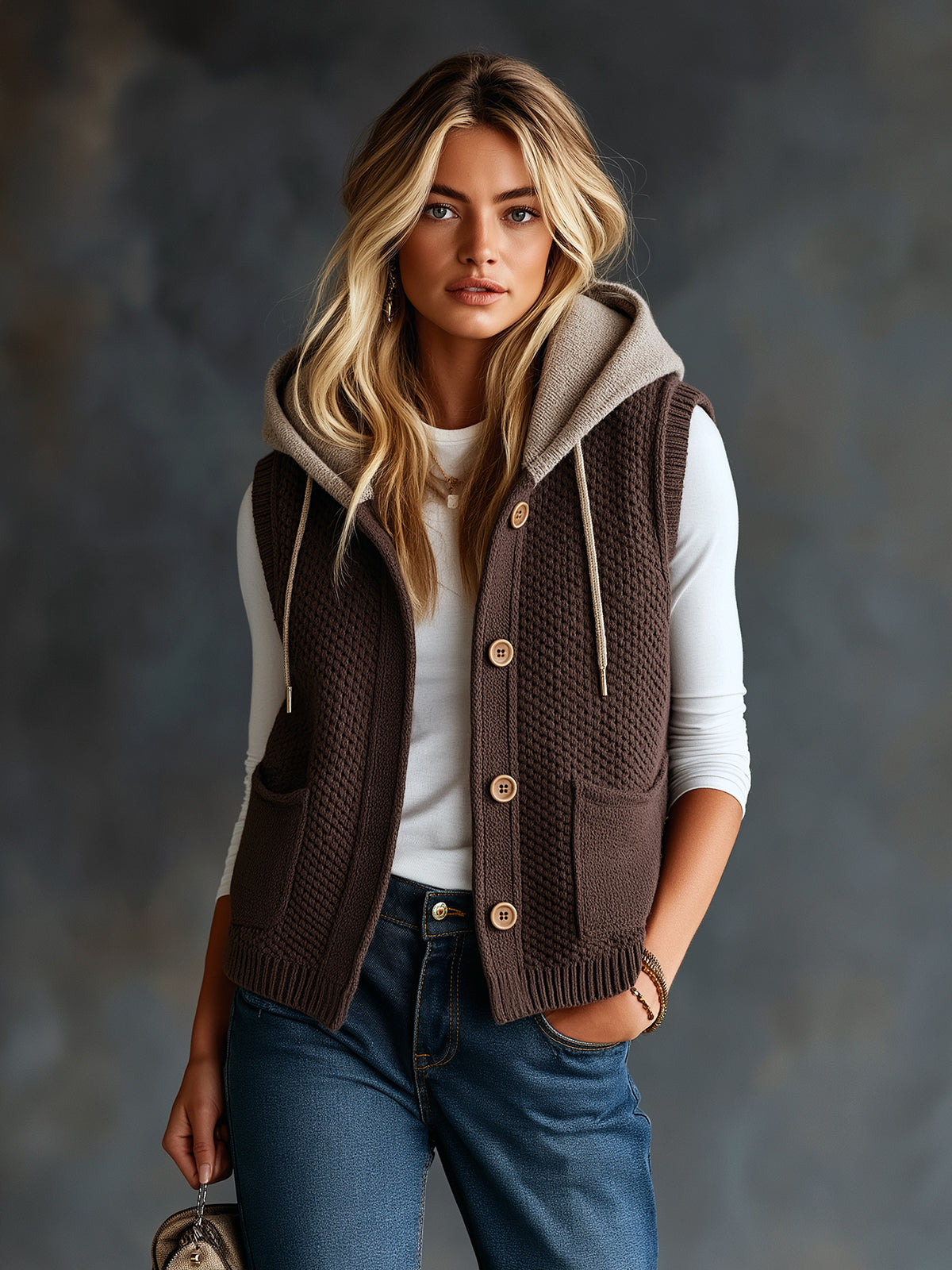 ElevenOra Chic Casual Coffee-Gray Colorblock Hooded Collar Sleeveless Single-Breasted Patch Pockets Loose-Fit Wool Blend Knit Vest