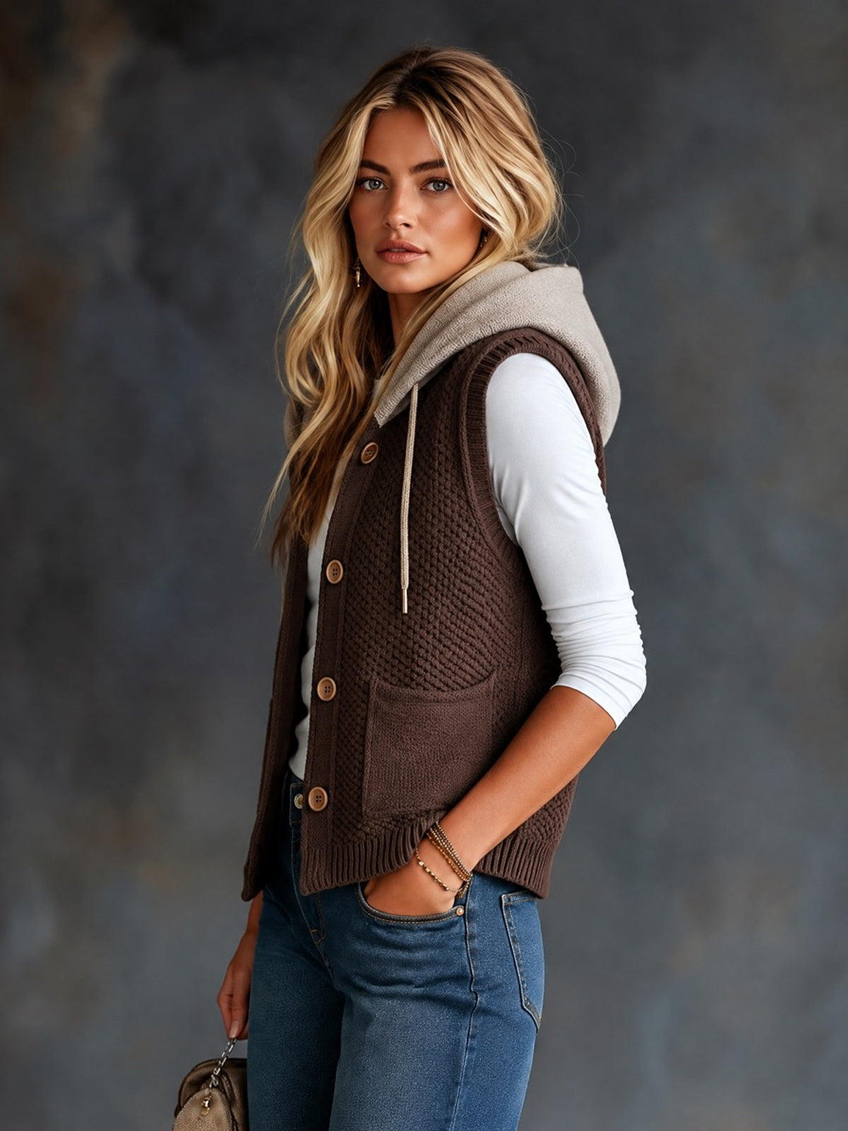 ElevenOra Chic Casual Coffee-Gray Colorblock Hooded Collar Sleeveless Single-Breasted Patch Pockets Loose-Fit Wool Blend Knit Vest