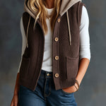 ElevenOra Chic Casual Coffee-Gray Colorblock Hooded Collar Sleeveless Single-Breasted Patch Pockets Loose-Fit Wool Blend Knit Vest