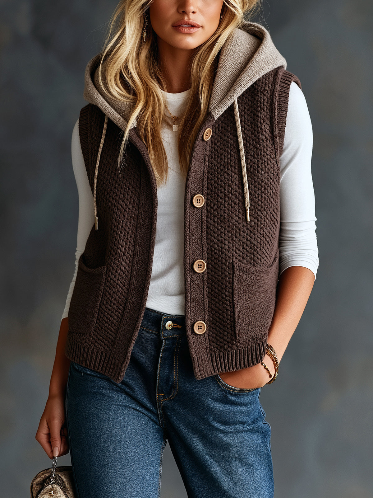 ElevenOra Chic Casual Coffee-Gray Colorblock Hooded Collar Sleeveless Single-Breasted Patch Pockets Loose-Fit Wool Blend Knit Vest