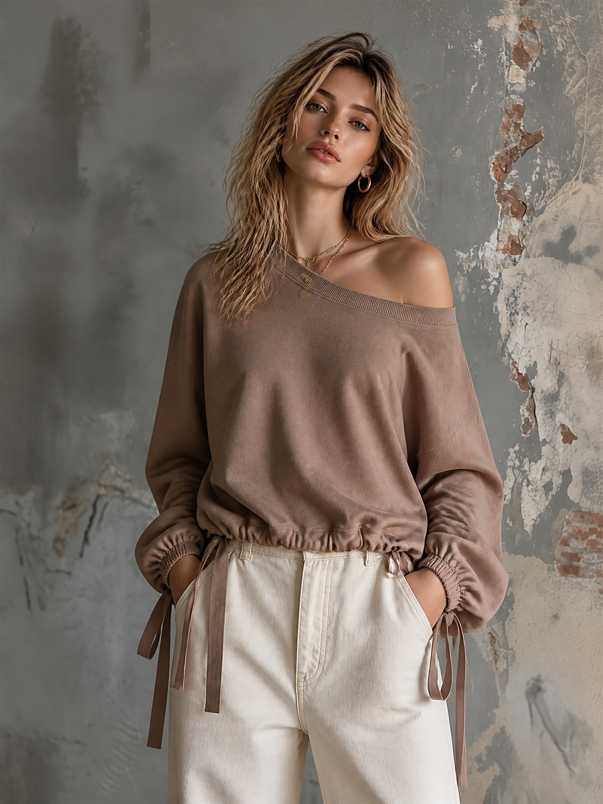 ElevenOra Chic Casual Dusty Taupe Off Shoulder Dropped Shoulder Long Sleeve Drawstring Ties Loose-Fit Terry Fabric Sweatshirt