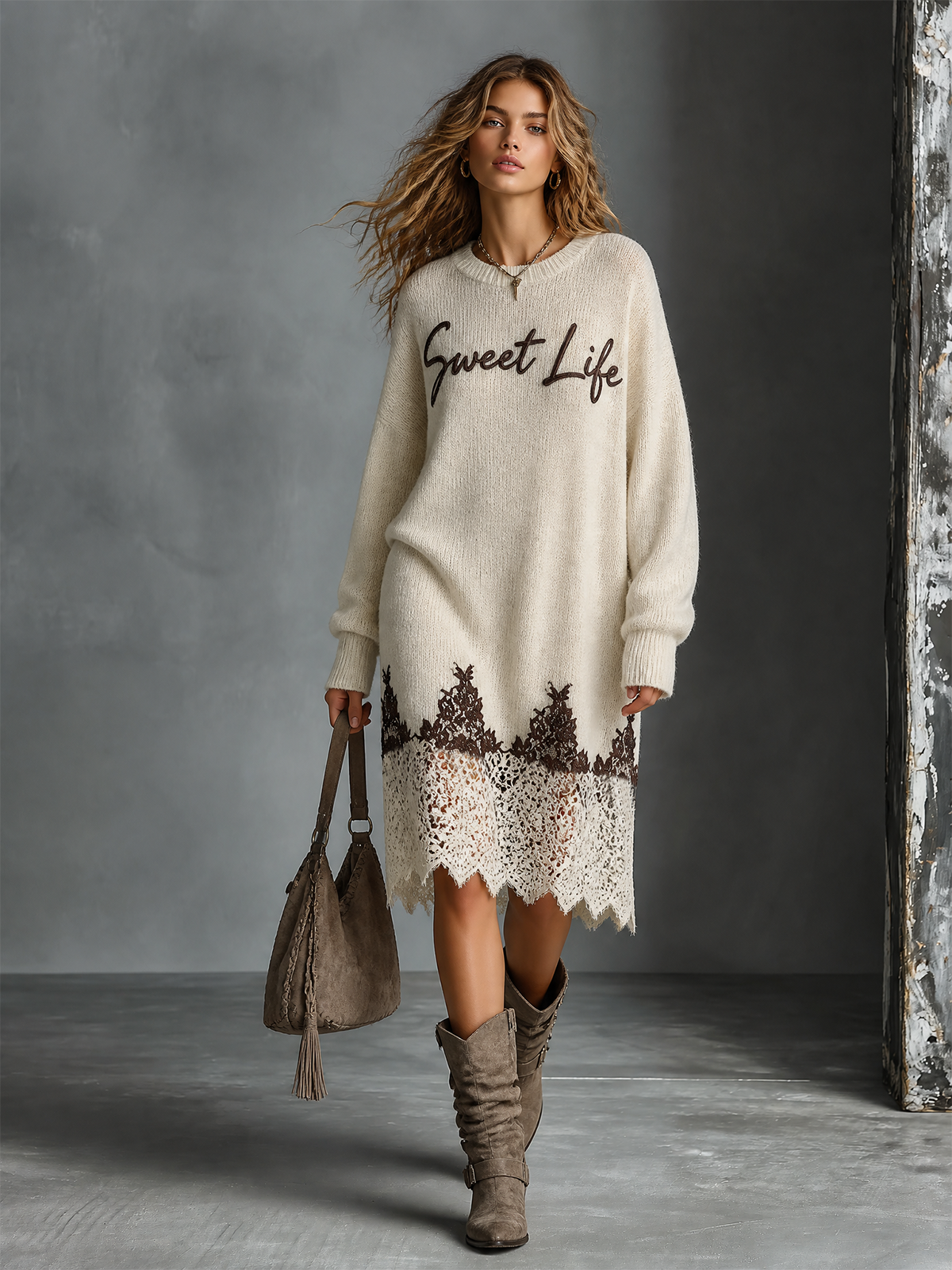 ElevenOra Chic Casual Off-White Round-Neck Letter Embroidery Lace Hem Long Sleeve Loose-Fit Knit Midi Dress