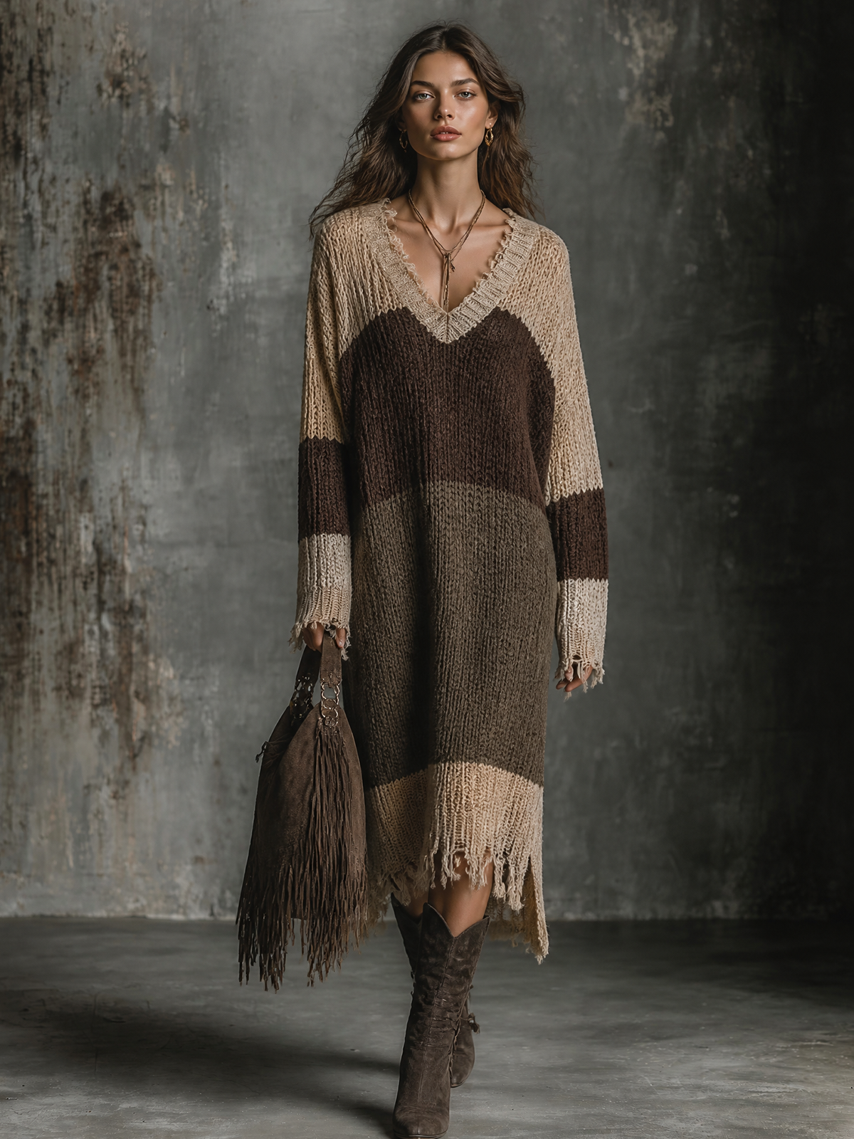 ElevenOra Chic Casual Beige-Brown-Olive Colorblock V-Neck Fringe Hem Dropped Shoulder Long Sleeve Loose-Fit Knit Midi Dress