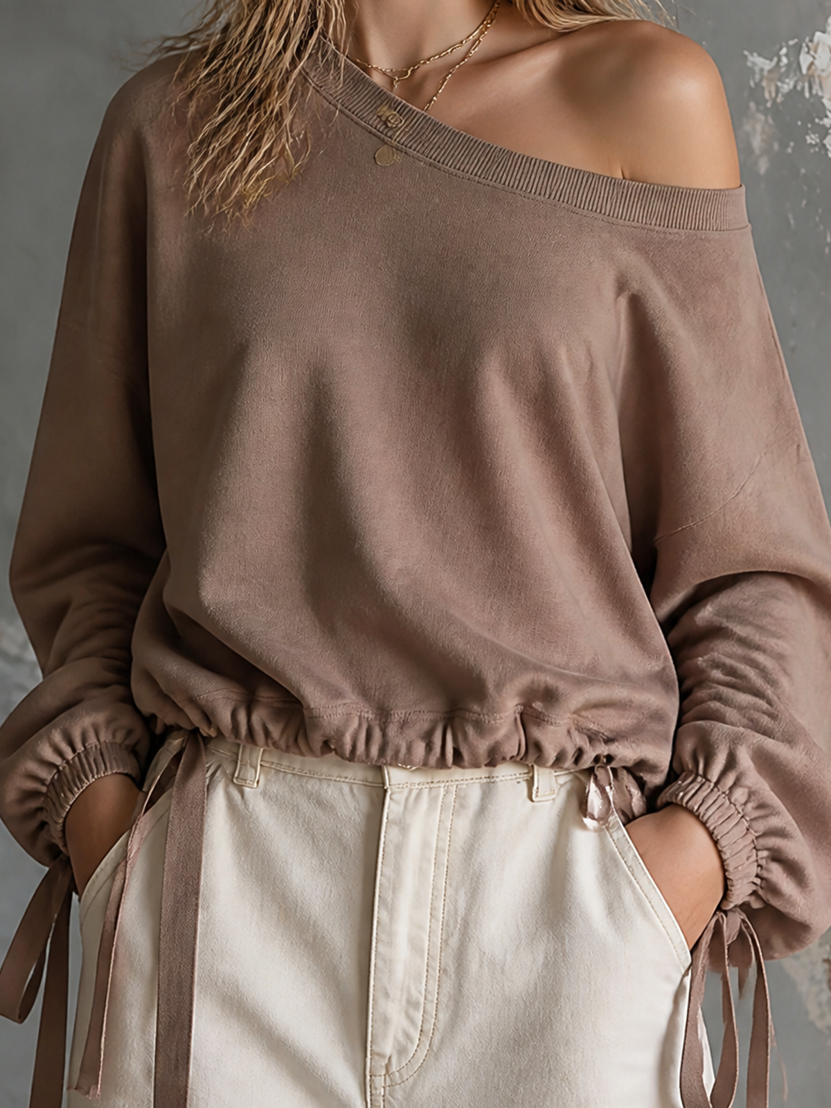 ElevenOra Chic Casual Dusty Taupe Off Shoulder Dropped Shoulder Long Sleeve Drawstring Ties Loose-Fit Terry Fabric Sweatshirt