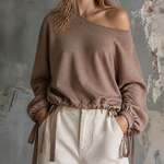 ElevenOra Chic Casual Dusty Taupe Off Shoulder Dropped Shoulder Long Sleeve Drawstring Ties Loose-Fit Terry Fabric Sweatshirt