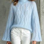 ElevenOra Chic Elegant Light Blue Turtleneck Long-Flare-Sleeve Loose-Fit Mohair Blend Cable-Knit Sweater Top