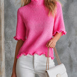 ElevenOra Chic Elegant Hot Pink Turtleneck Half-Sleeve Ccallop Trim Detail Loose-Fit Wool Blend Knit Sweater Top