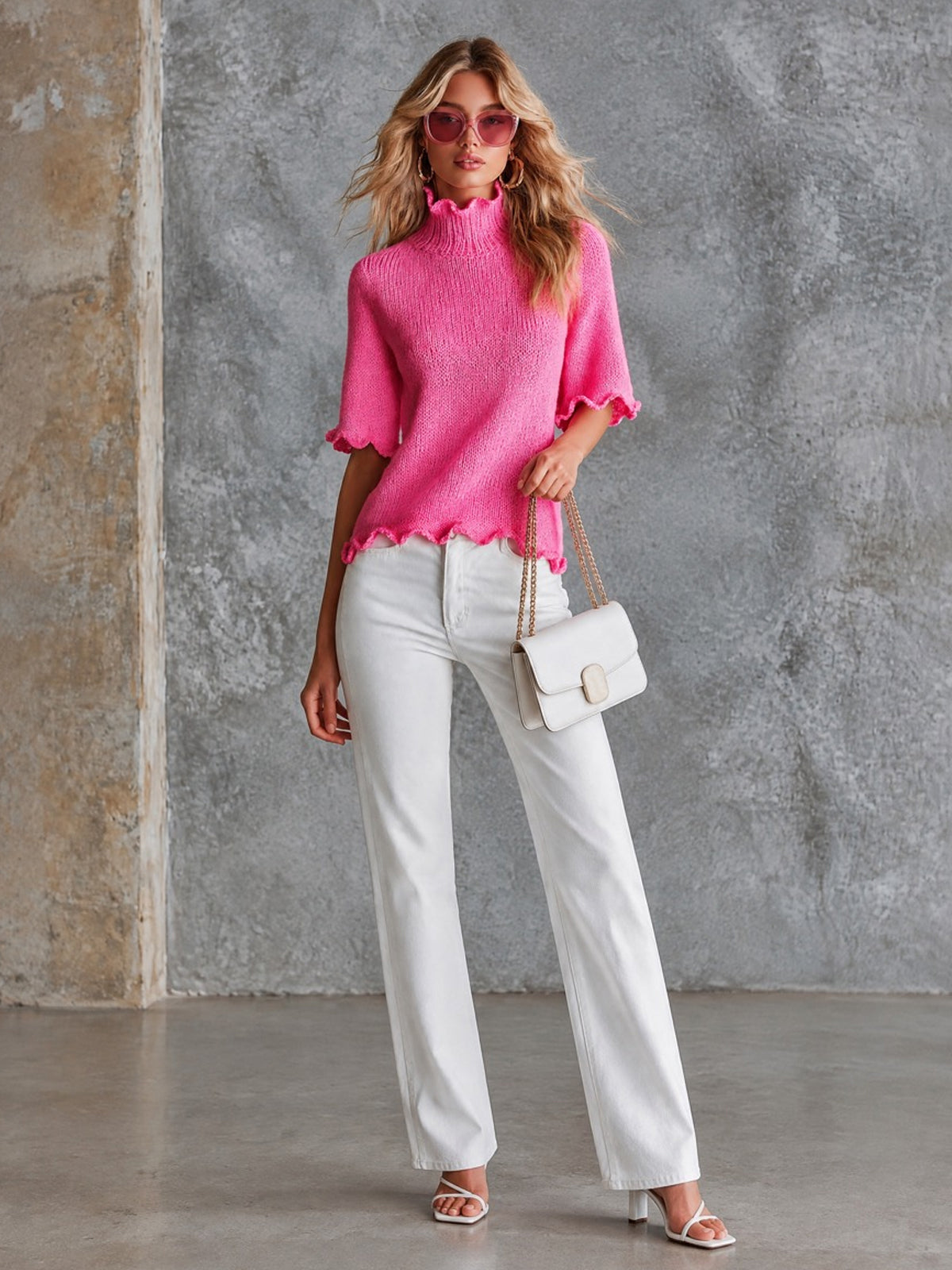 ElevenOra Chic Elegant Hot Pink Turtleneck Half-Sleeve Ccallop Trim Detail Loose-Fit Wool Blend Knit Sweater Top