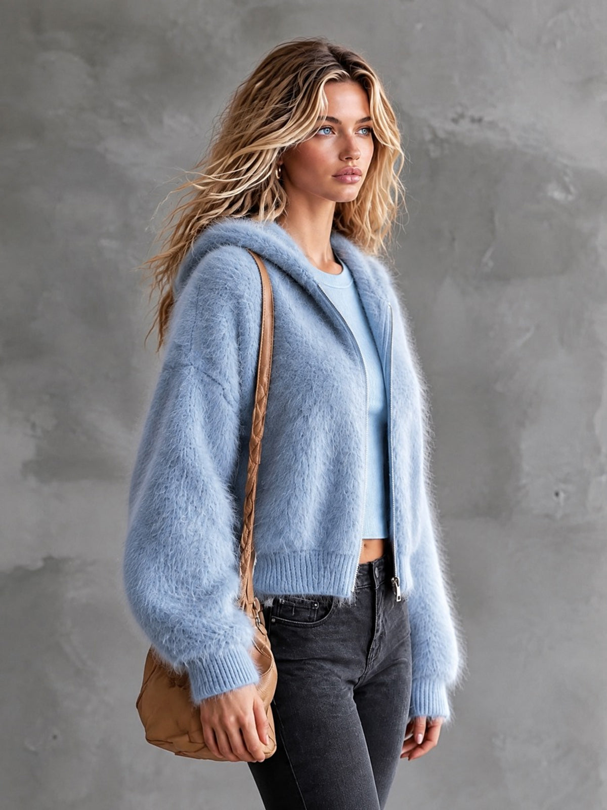 ElevenOra Chic Casual Blue Hooded-Collar Dropped-Shoulder Long-Sleeve Zipper-Front Loose-Fit Mohair Blend Knit Cardigan