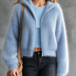 ElevenOra Chic Casual Blue Hooded-Collar Dropped-Shoulder Long-Sleeve Zipper-Front Loose-Fit Mohair Blend Knit Cardigan