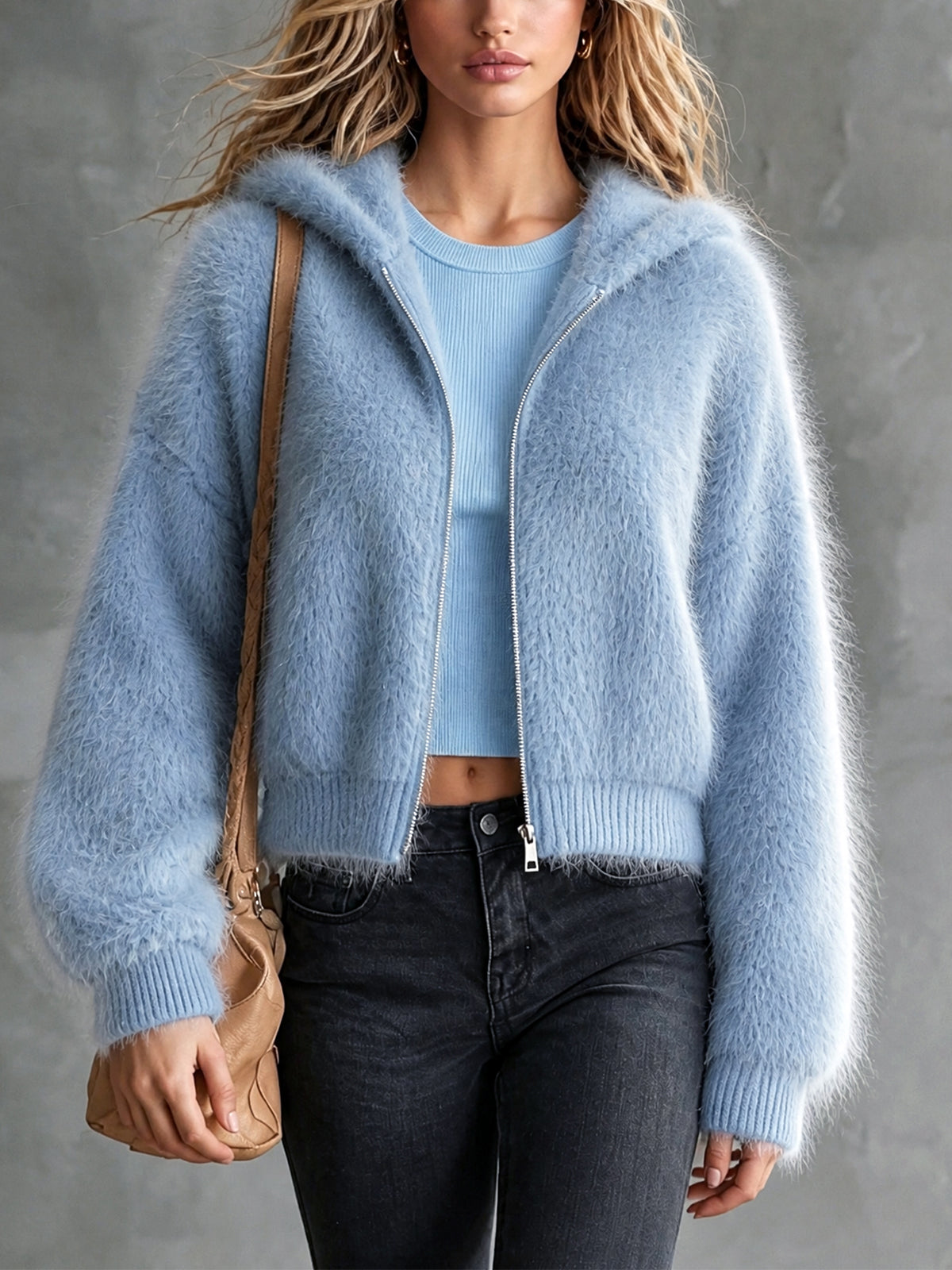 ElevenOra Chic Casual Blue Hooded-Collar Dropped-Shoulder Long-Sleeve Zipper-Front Loose-Fit Mohair Blend Knit Cardigan