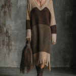 ElevenOra Chic Casual Beige-Brown-Olive Colorblock V-Neck Fringe Hem Dropped Shoulder Long Sleeve Loose-Fit Knit Midi Dress