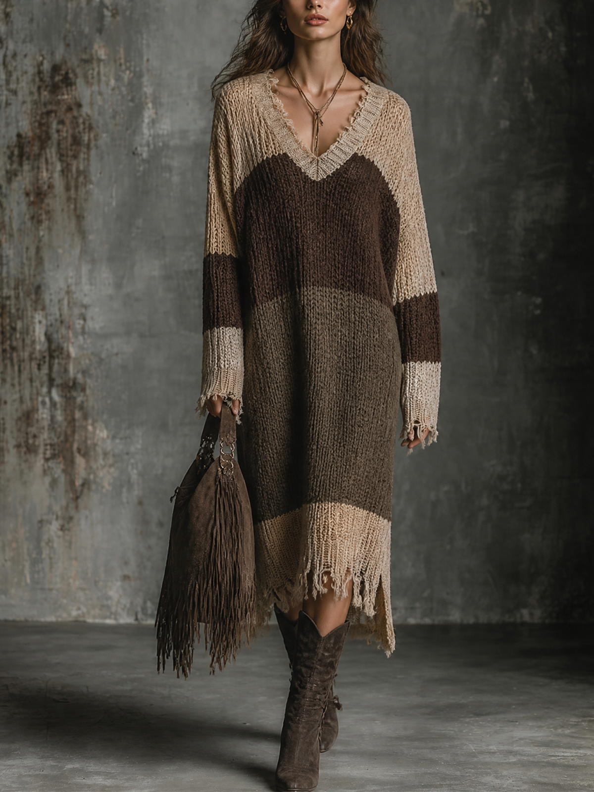 ElevenOra Chic Casual Beige-Brown-Olive Colorblock V-Neck Fringe Hem Dropped Shoulder Long Sleeve Loose-Fit Knit Midi Dress