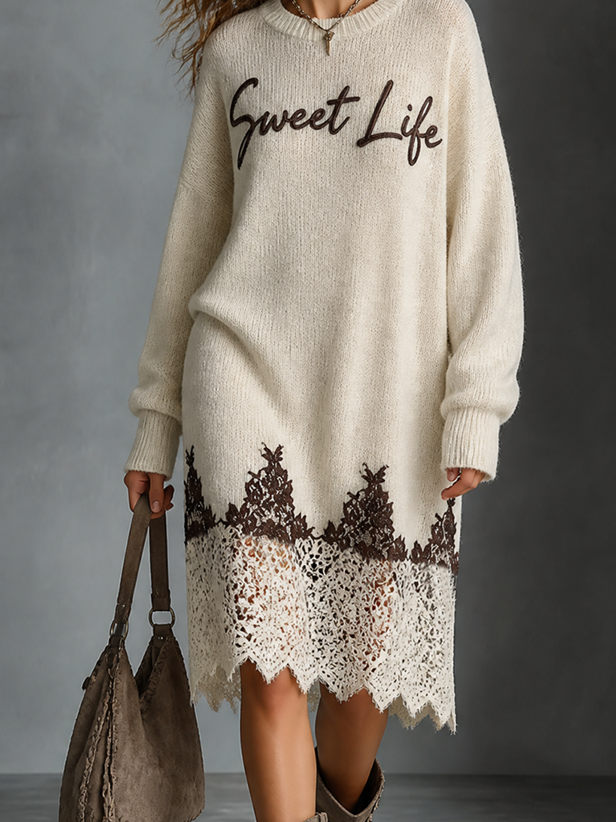 ElevenOra Chic Casual Off-White Round-Neck Letter Embroidery Lace Hem Long Sleeve Loose-Fit Knit Midi Dress