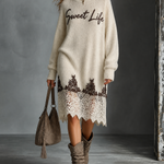ElevenOra Chic Casual Off-White Round-Neck Letter Embroidery Lace Hem Long Sleeve Loose-Fit Knit Midi Dress