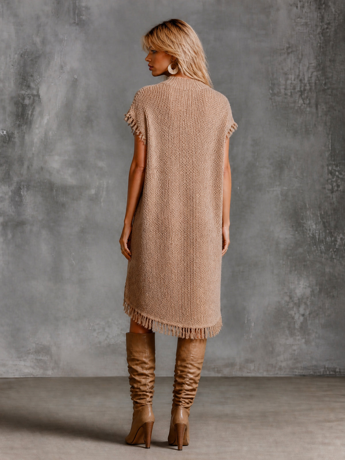 ElevenOra Chic Casual Camel Round-Neck Dropped-Shoulder Short-Sleeve Fringe Detail Loose-Fit Wool Blend Knit Midi Dress