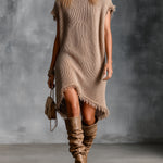 ElevenOra Chic Casual Camel Round-Neck Dropped-Shoulder Short-Sleeve Fringe Detail Loose-Fit Wool Blend Knit Midi Dress