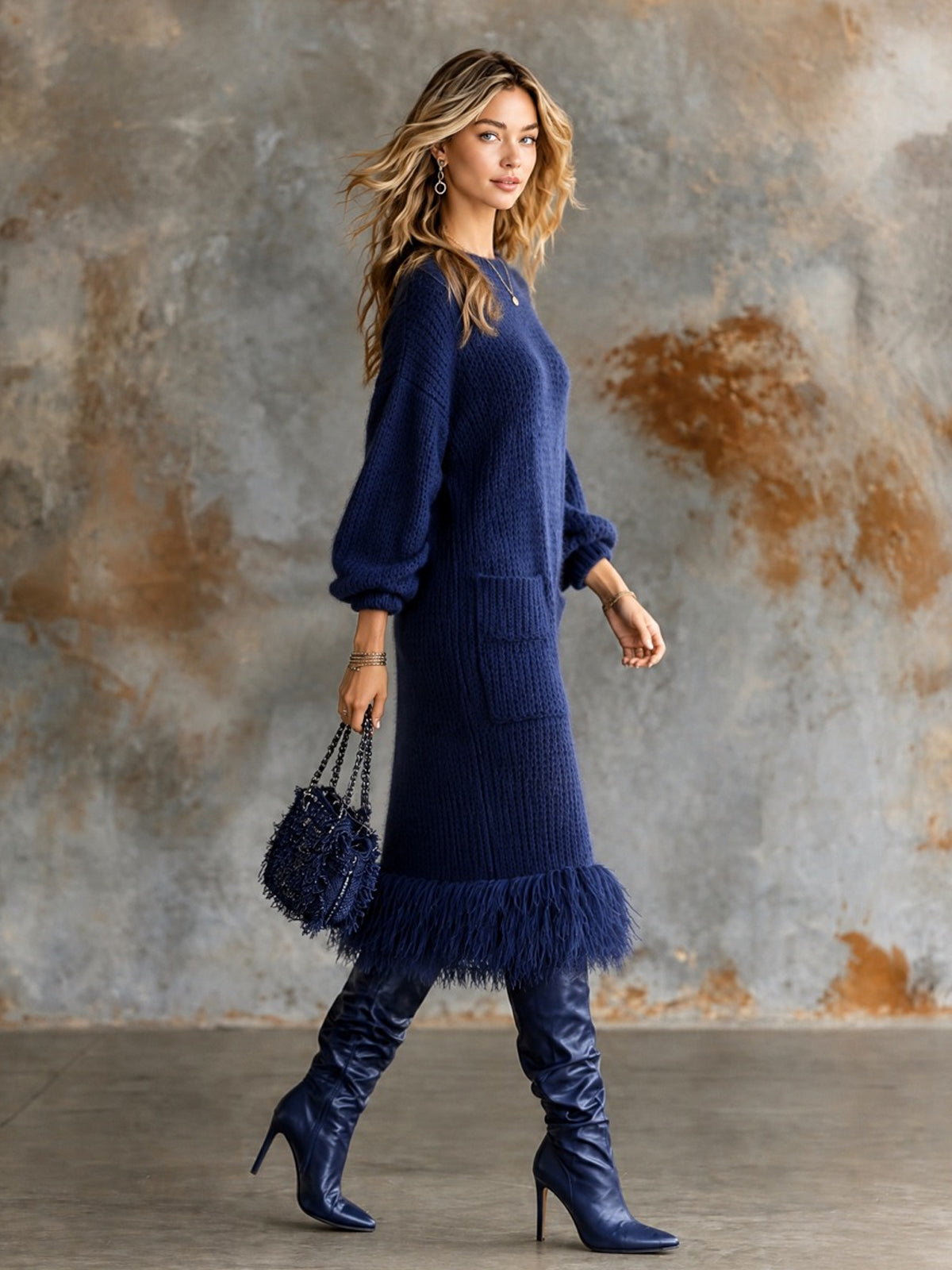 ElevenOra Chic Elegant Royal Blue Round-Neck Long-Lantern-Sleeve Patch Pockets Fringe Hem Loose-Fit Mohair Blend Knit Midi Dress