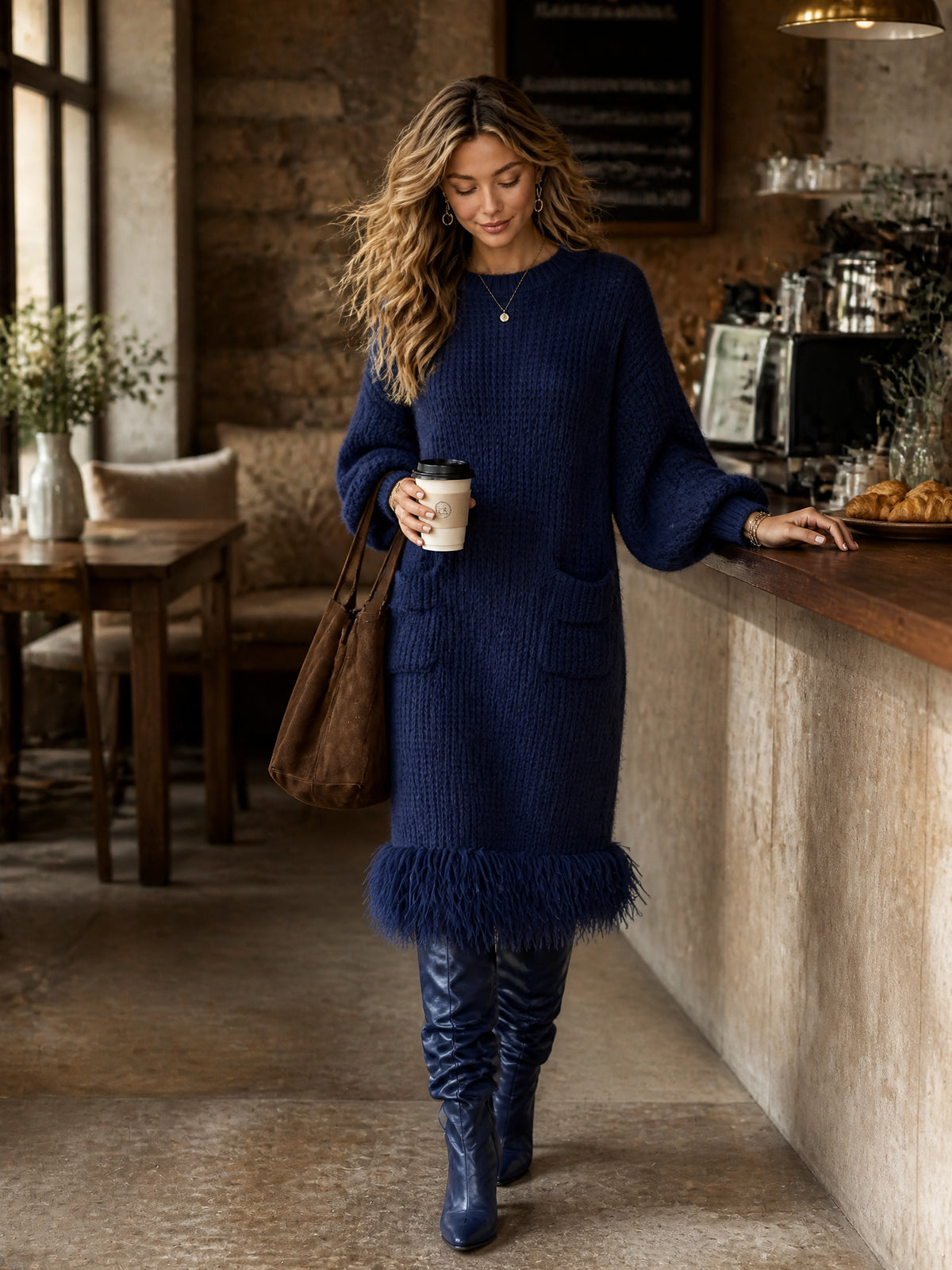 ElevenOra Chic Elegant Royal Blue Round-Neck Long-Lantern-Sleeve Patch Pockets Fringe Hem Loose-Fit Mohair Blend Knit Midi Dress