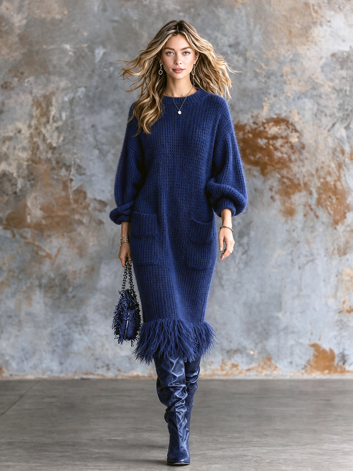 ElevenOra Chic Elegant Royal Blue Round-Neck Long-Lantern-Sleeve Patch Pockets Fringe Hem Loose-Fit Mohair Blend Knit Midi Dress