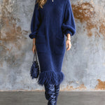 ElevenOra Chic Elegant Royal Blue Round-Neck Long-Lantern-Sleeve Patch Pockets Fringe Hem Loose-Fit Mohair Blend Knit Midi Dress