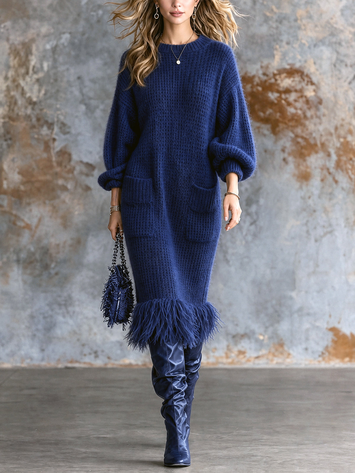 ElevenOra Chic Elegant Royal Blue Round-Neck Long-Lantern-Sleeve Patch Pockets Fringe Hem Loose-Fit Mohair Blend Knit Midi Dress