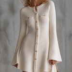 ElevenOra Chic Elegant Off-White Round-Neck Single-Breasted Flare Long Sleeve Slim-Fit A-Line Ribbed Knit Mini Dress