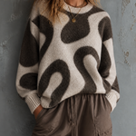 ElevenOra Chic Casual Cream-Dark Taupe Colorblock Round-Neck Abstract Swirl Jacquard Long Sleeve Loose-Fit Fuzzy Knit Sweater