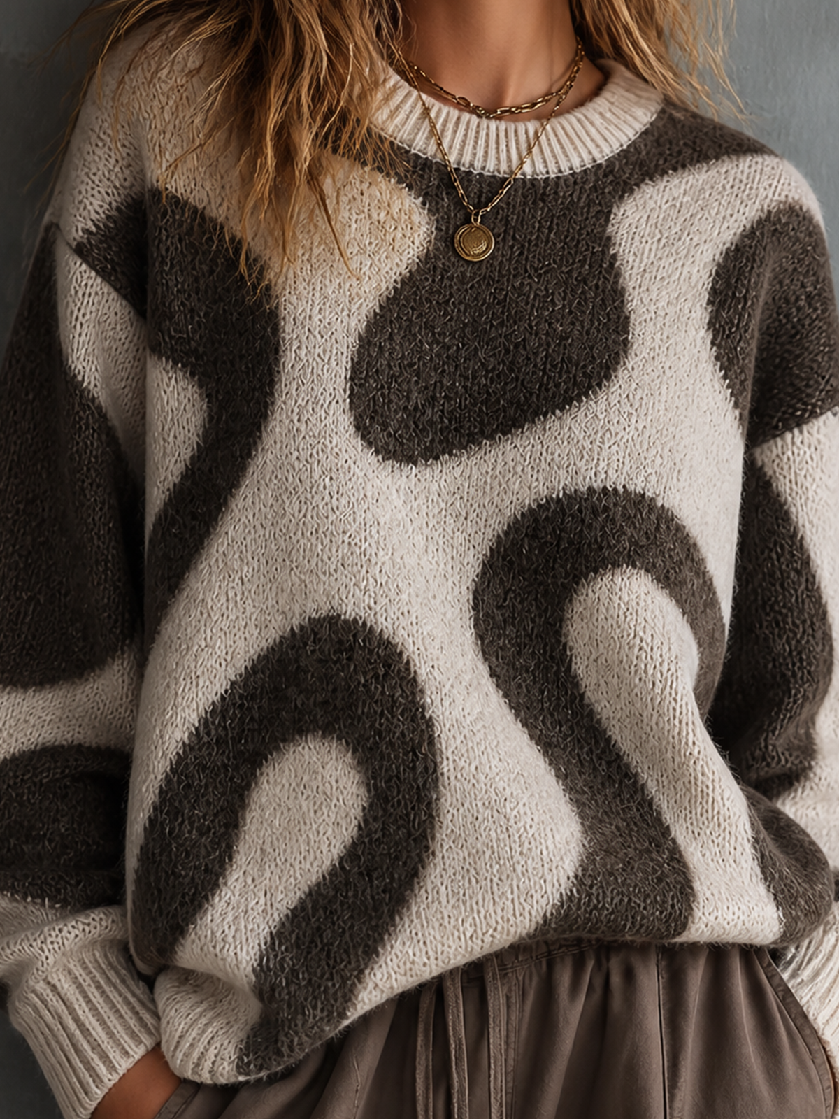 ElevenOra Chic Casual Cream-Dark Taupe Colorblock Round-Neck Abstract Swirl Jacquard Long Sleeve Loose-Fit Fuzzy Knit Sweater