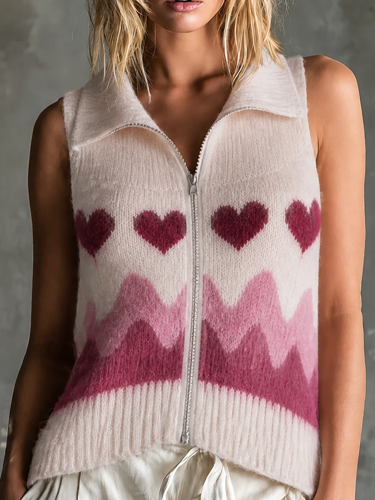 ElevenOra Chic Casual Light Pink Lapel Collar Zip Front Heart Wavy Jacquard Sleeveless Loose-Fit Soft Fuzzy Knit Vest