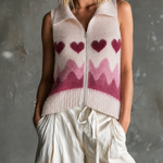ElevenOra Chic Casual Light Pink Lapel Collar Zip Front Heart Wavy Jacquard Sleeveless Loose-Fit Soft Fuzzy Knit Vest