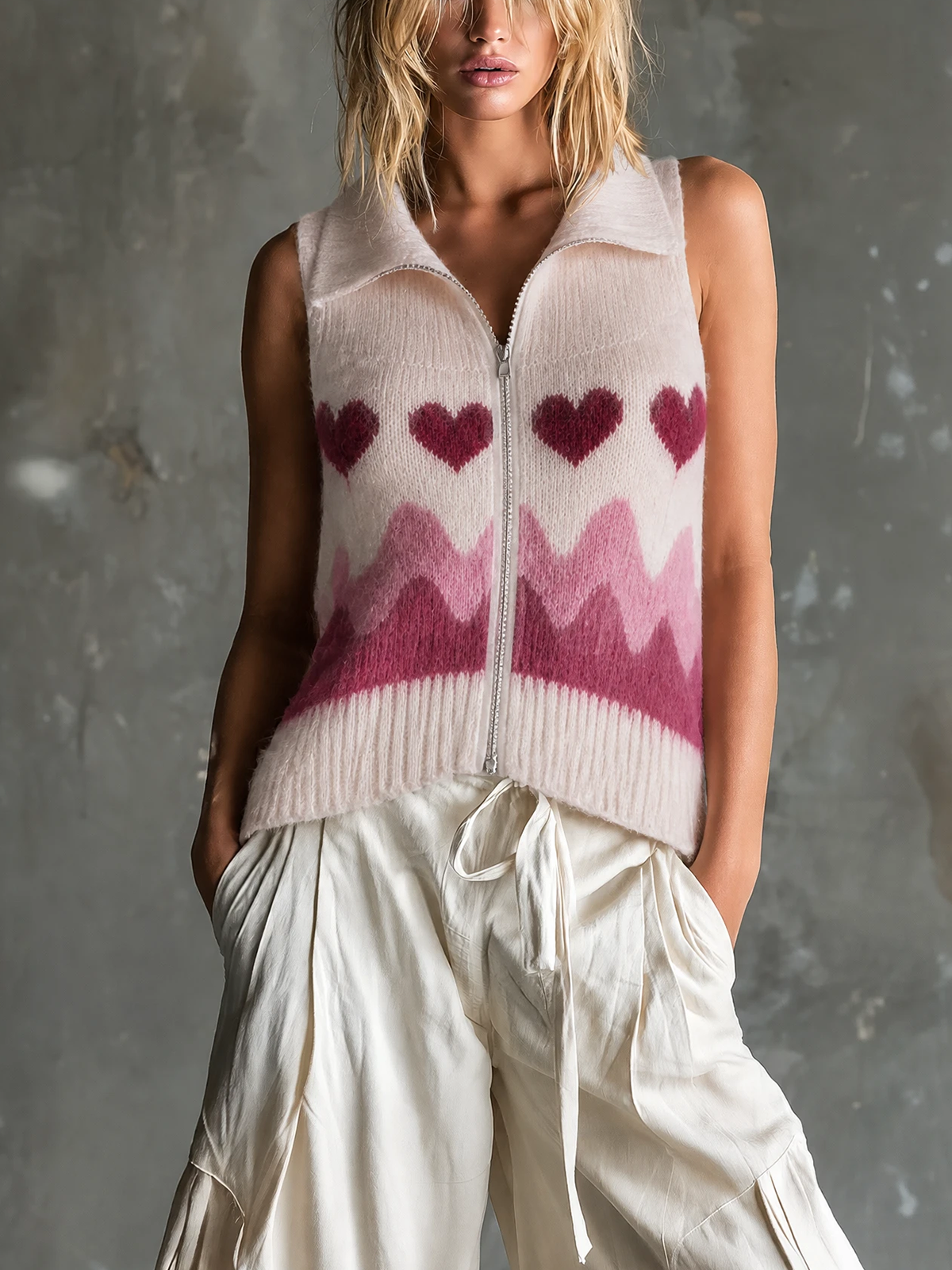 ElevenOra Chic Casual Light Pink Lapel Collar Zip Front Heart Wavy Jacquard Sleeveless Loose-Fit Soft Fuzzy Knit Vest