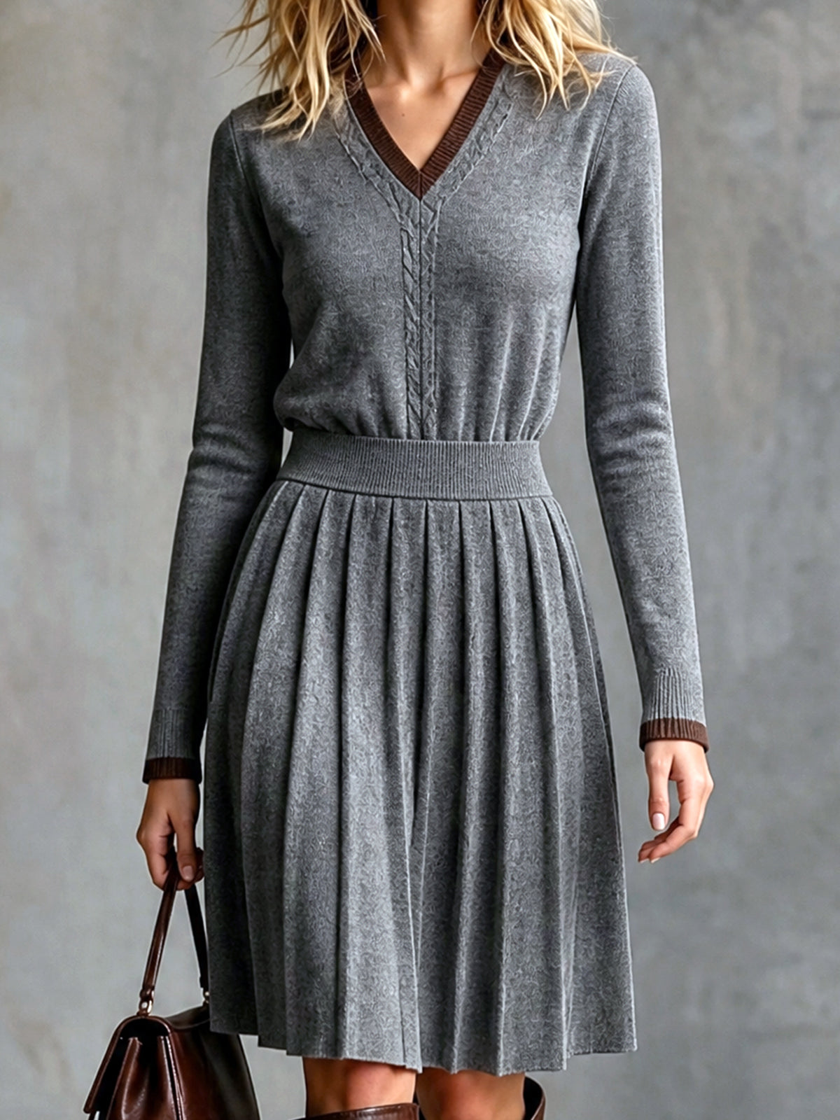 ElevenOra Chic Elegant Gray V-Neck Long-Sleeve Brown Trim Detail Sweater Pleated Midi Skirt Wool Blend Knit Two-Piece Set