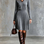 ElevenOra Chic Elegant Gray V-Neck Long-Sleeve Brown Trim Detail Sweater Pleated Midi Skirt Wool Blend Knit Two-Piece Set