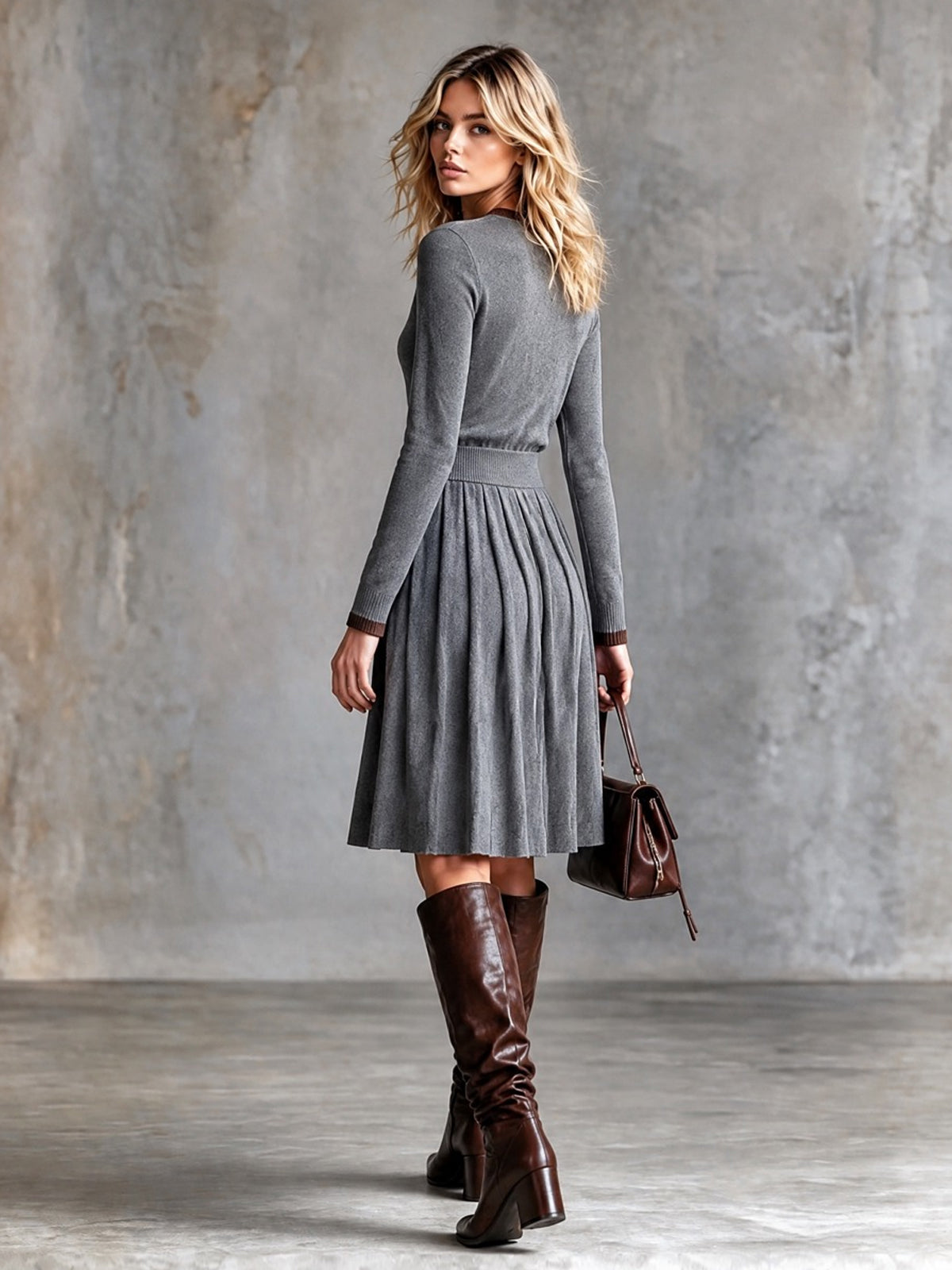 ElevenOra Chic Elegant Gray V-Neck Long-Sleeve Brown Trim Detail Sweater Pleated Midi Skirt Wool Blend Knit Two-Piece Set