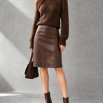 ElevenOra Chic Elegant Coffee Mock-Neck Long-Raglan-Sleeve Wool Blend Knit Sweater PU A-Line Midi Skirt Two-Piece Set