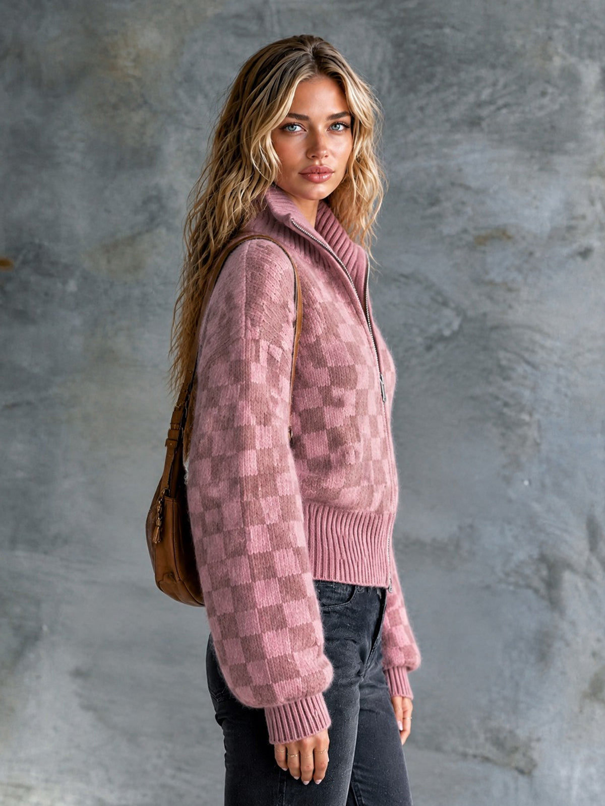 ElevenOra Chic Casual Pink Checkerboard Jacquard Stand-Collar Zipper-Front Long-Sleeve Loose-Fit Mohair Blend Knit Cardigan