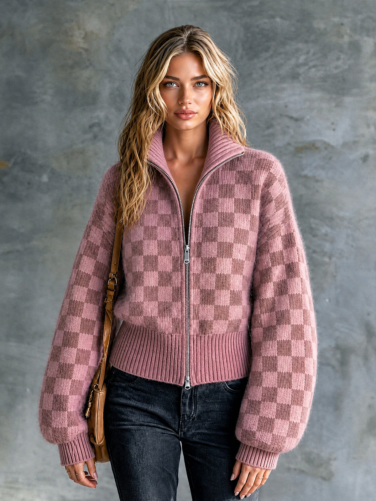 ElevenOra Chic Casual Pink Checkerboard Jacquard Stand-Collar Zipper-Front Long-Sleeve Loose-Fit Mohair Blend Knit Cardigan