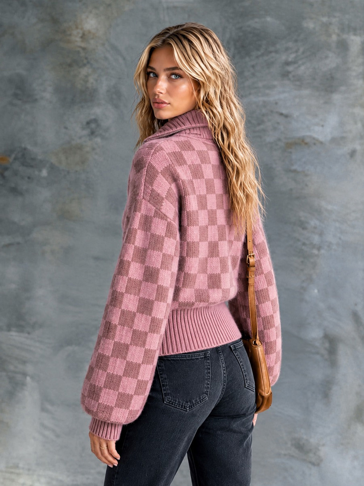ElevenOra Chic Casual Pink Checkerboard Jacquard Stand-Collar Zipper-Front Long-Sleeve Loose-Fit Mohair Blend Knit Cardigan